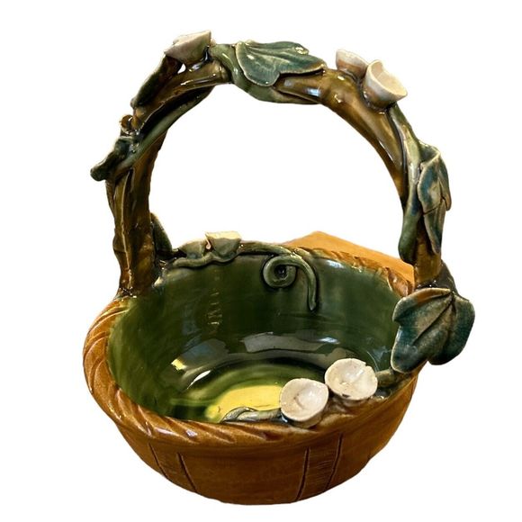 Vintage Handmade Ceramic Basket with Flowers - Picture 2 of 9